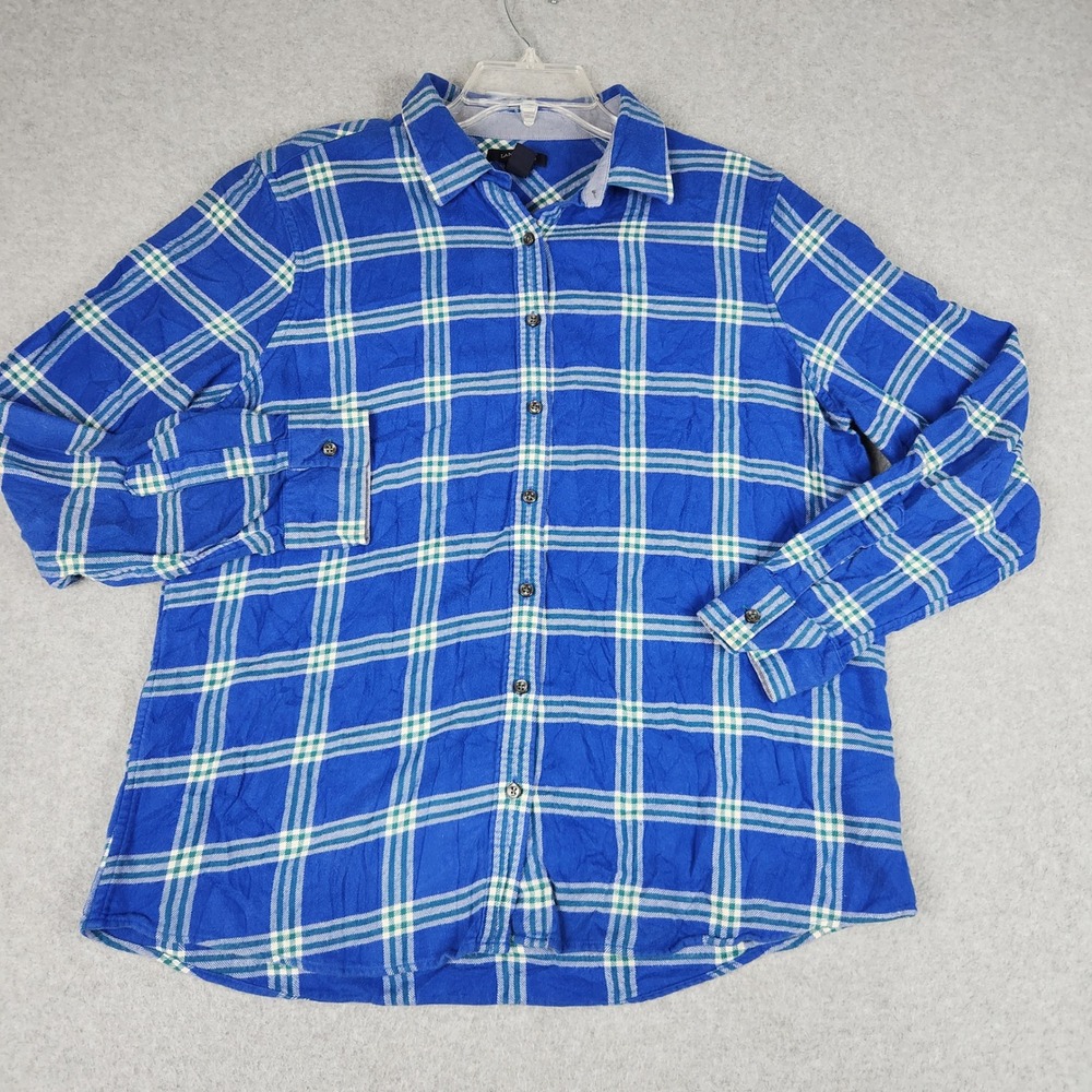 Lands' End Flannel Shirt Womens L 14-16 Blue White Plaid Cotton Button Up Casual